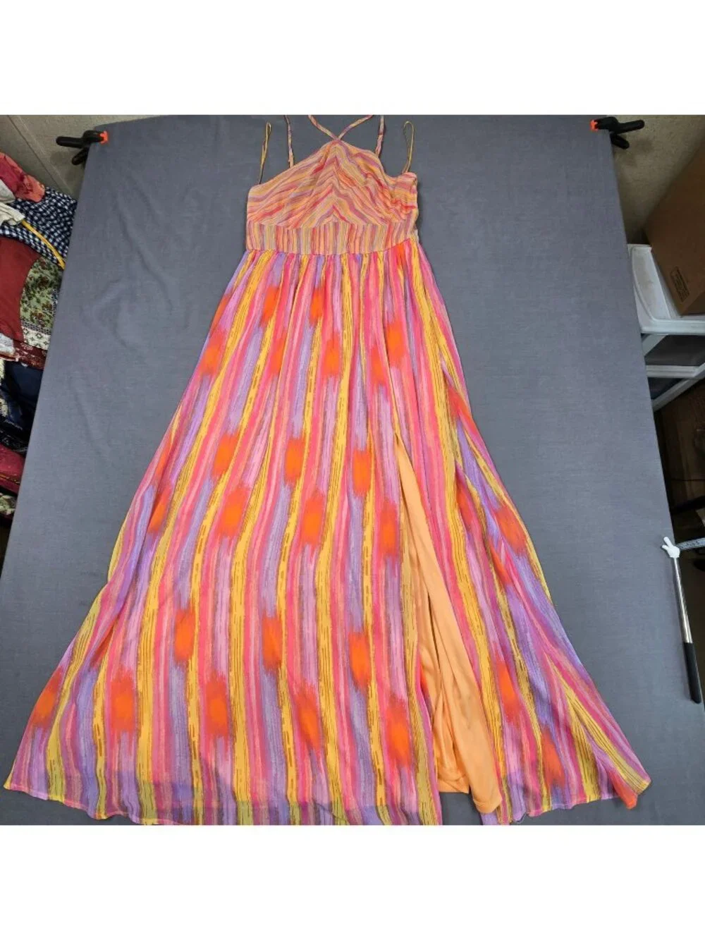 Audrey Parks Medium Multicolor Orange Pink Yellow Maxi Dress Halter Boho Beachy - Picture 1 of 4